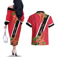 Trinidad and Tobago Couples Matching Off The Shoulder Long Sleeve Dress and Hawaiian Shirt Scarlet Ibis With Chaconia Flower - Wonder Print Shop