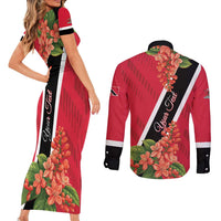 Trinidad and Tobago Couples Matching Short Sleeve Bodycon Dress and Long Sleeve Button Shirt Scarlet Ibis With Chaconia Flower - Wonder Print Shop