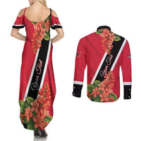 Trinidad and Tobago Couples Matching Summer Maxi Dress and Long Sleeve Button Shirt Scarlet Ibis With Chaconia Flower - Wonder Print Shop