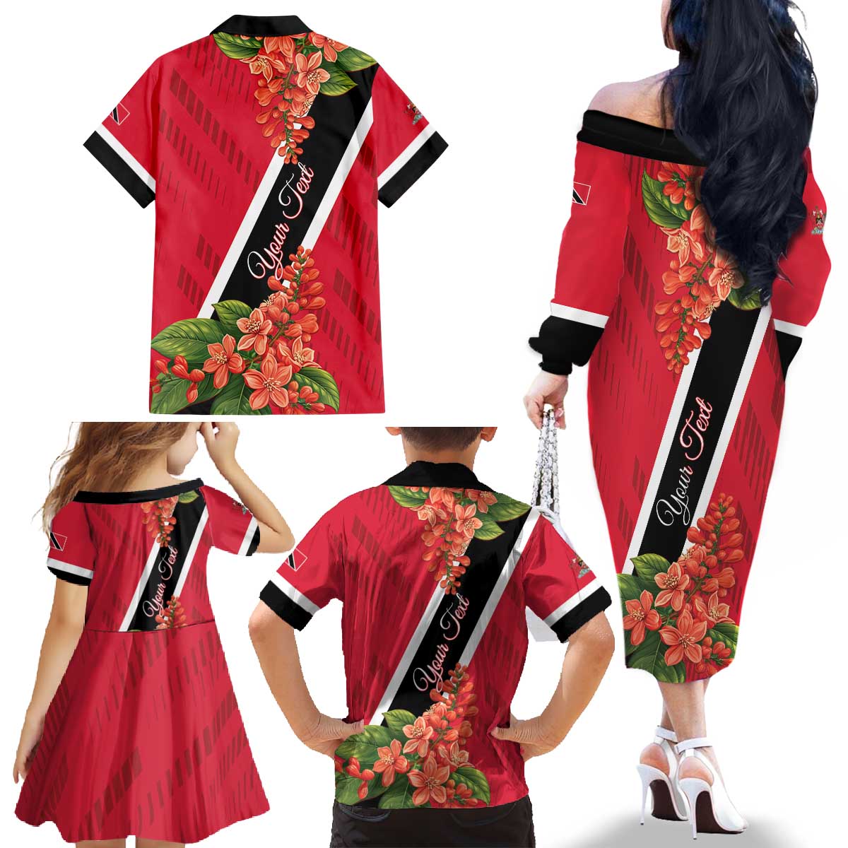Trinidad and Tobago Family Matching Off The Shoulder Long Sleeve Dress and Hawaiian Shirt Scarlet Ibis With Chaconia Flower - Wonder Print Shop