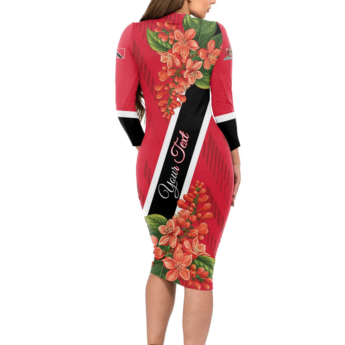 Trinidad and Tobago Long Sleeve Bodycon Dress Scarlet Ibis With Chaconia Flower - Wonder Print Shop