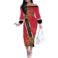 Trinidad and Tobago Off The Shoulder Long Sleeve Dress Scarlet Ibis With Chaconia Flower - Wonder Print Shop