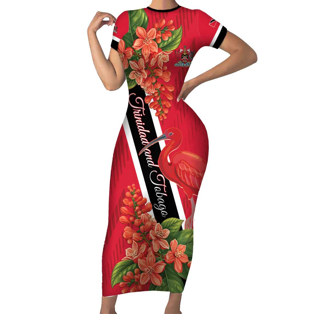 Trinidad and Tobago Short Sleeve Bodycon Dress Scarlet Ibis With Chaconia Flower LT01