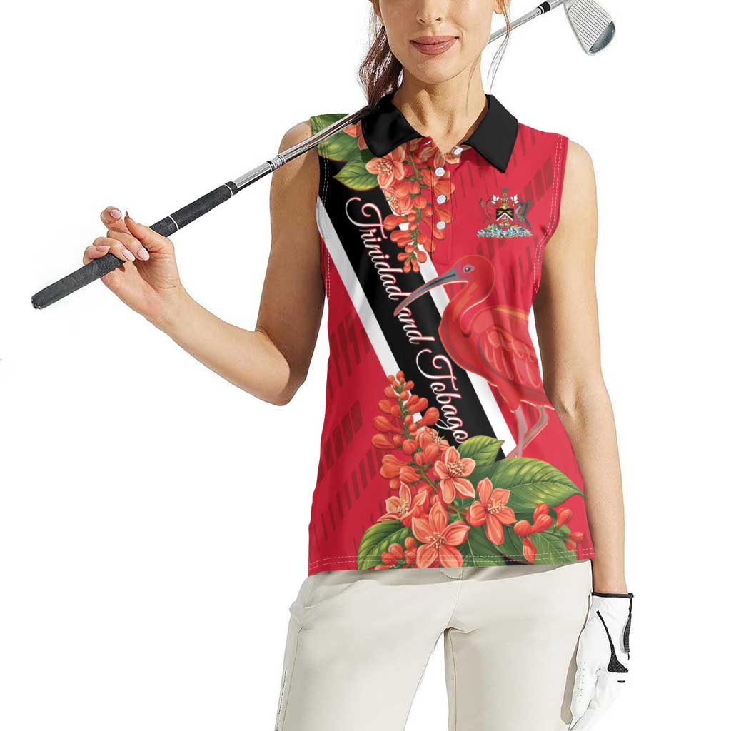 Trinidad and Tobago Women Sleeveless Polo Shirt Scarlet Ibis With Chaconia Flower - Wonder Print Shop