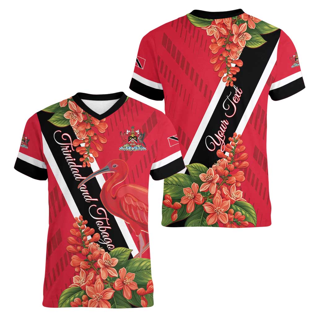 Trinidad and Tobago Women V-Neck T-Shirt Scarlet Ibis With Chaconia Flower - Wonder Print Shop