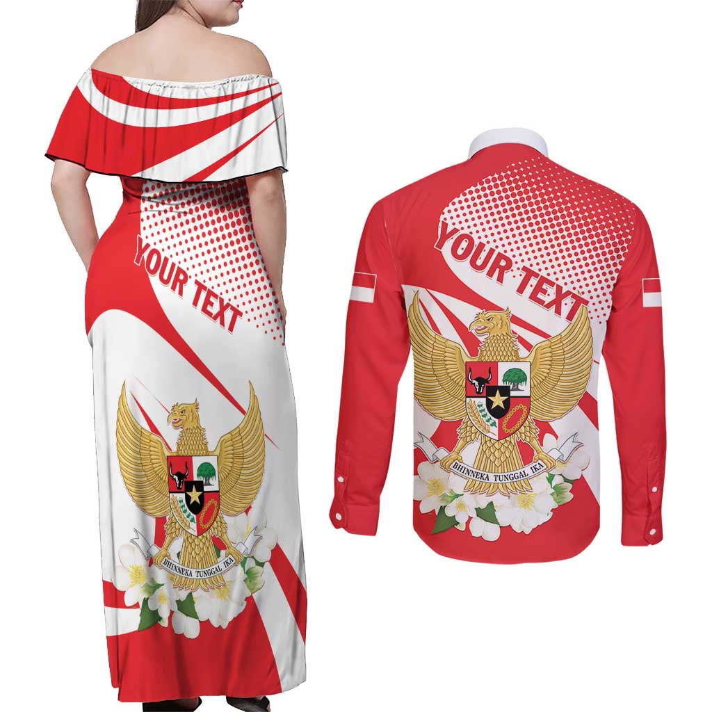 Indonesia Couples Matching Off Shoulder Maxi Dress and Long Sleeve Button Shirt Javan Hawk Eagle Melati Flower - Wonder Print Shop