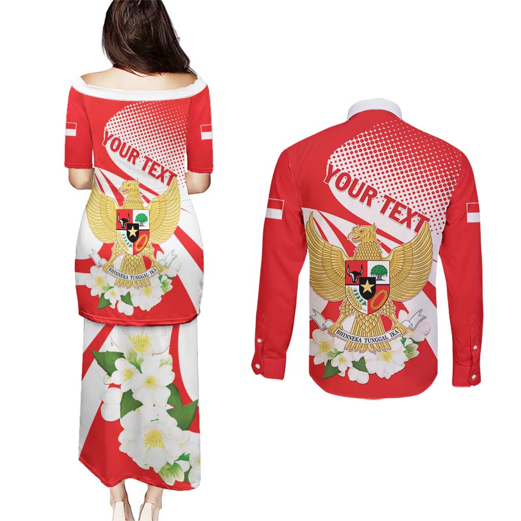 Indonesia Couples Matching Puletasi and Long Sleeve Button Shirt Javan Hawk Eagle Melati Flower - Wonder Print Shop