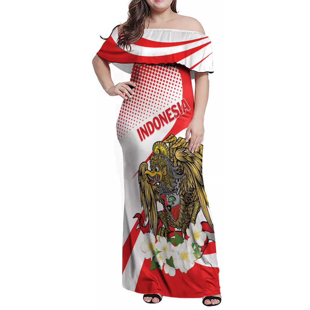 Indonesia Family Matching Off Shoulder Maxi Dress and Hawaiian Shirt Javan Hawk Eagle Melati Flower - Wonder Print Shop