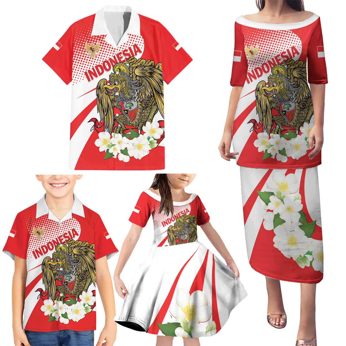 Indonesia Family Matching Puletasi and Hawaiian Shirt Javan Hawk Eagle Melati Flower - Wonder Print Shop