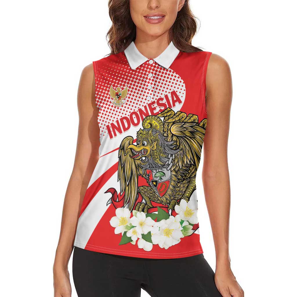 Indonesia Women Sleeveless Polo Shirt Javan Hawk Eagle Melati Flower - Wonder Print Shop