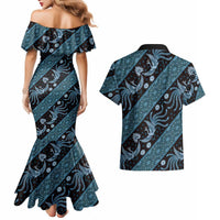 Indonesia Batik Pattern Couples Matching Mermaid Dress and Hawaiian Shirt Blue Version - Wonder Print Shop