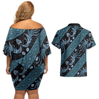Indonesia Batik Pattern Couples Matching Off Shoulder Short Dress and Hawaiian Shirt Blue Version - Wonder Print Shop