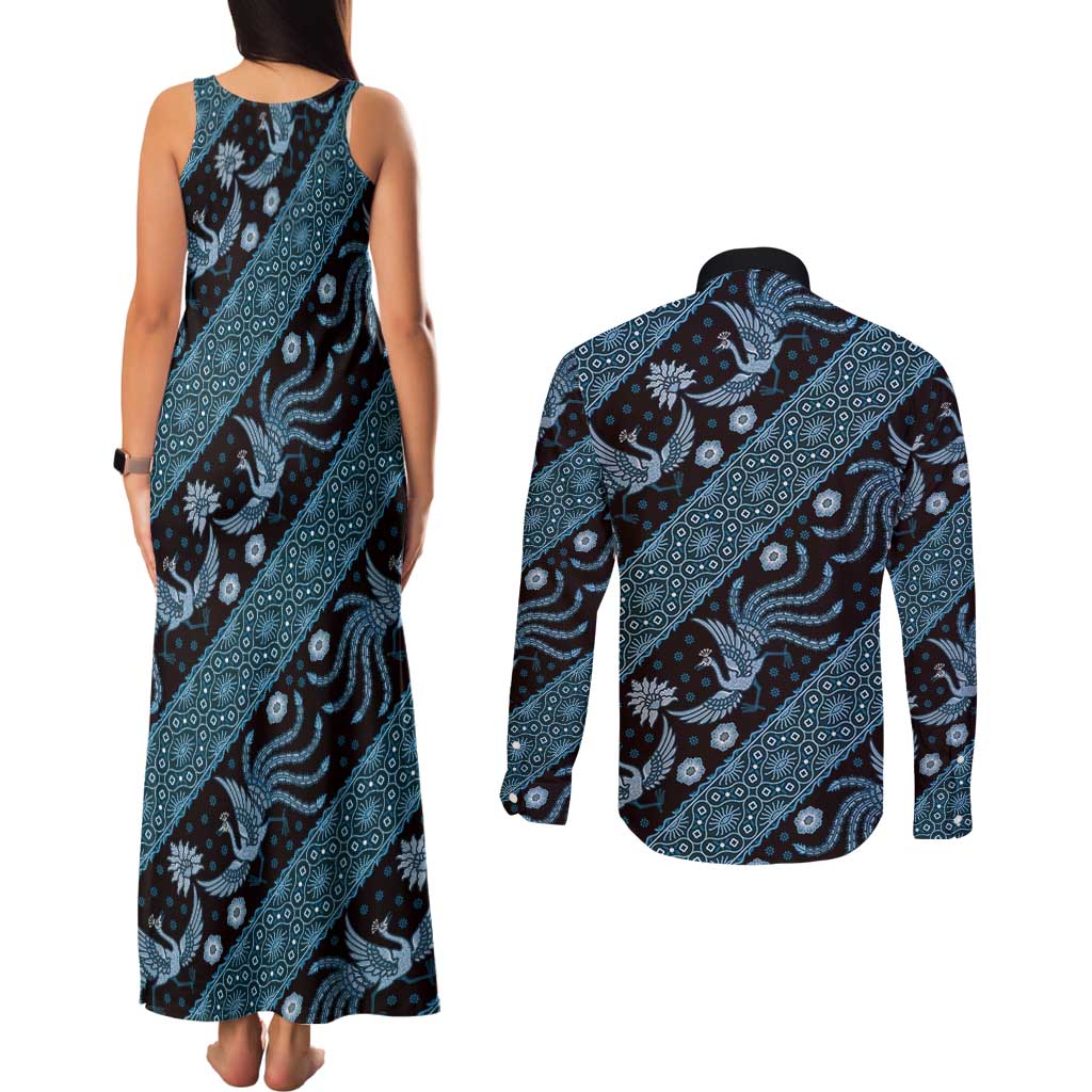 Indonesia Batik Pattern Couples Matching Tank Maxi Dress and Long Sleeve Button Shirt Blue Version - Wonder Print Shop