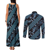 Indonesia Batik Pattern Couples Matching Tank Maxi Dress and Long Sleeve Button Shirt Blue Version - Wonder Print Shop