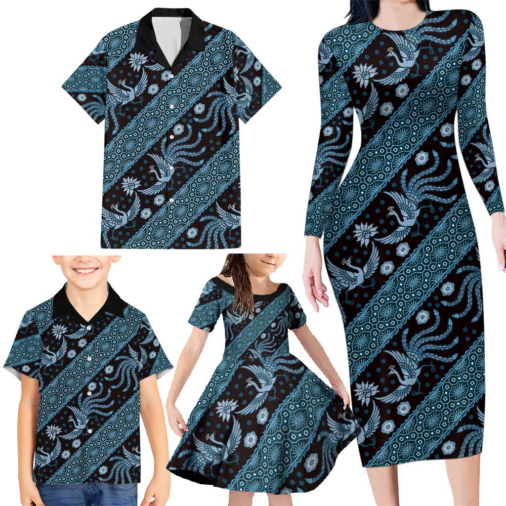 Indonesia Batik Pattern Family Matching Long Sleeve Bodycon Dress and Hawaiian Shirt Blue Version - Wonder Print Shop