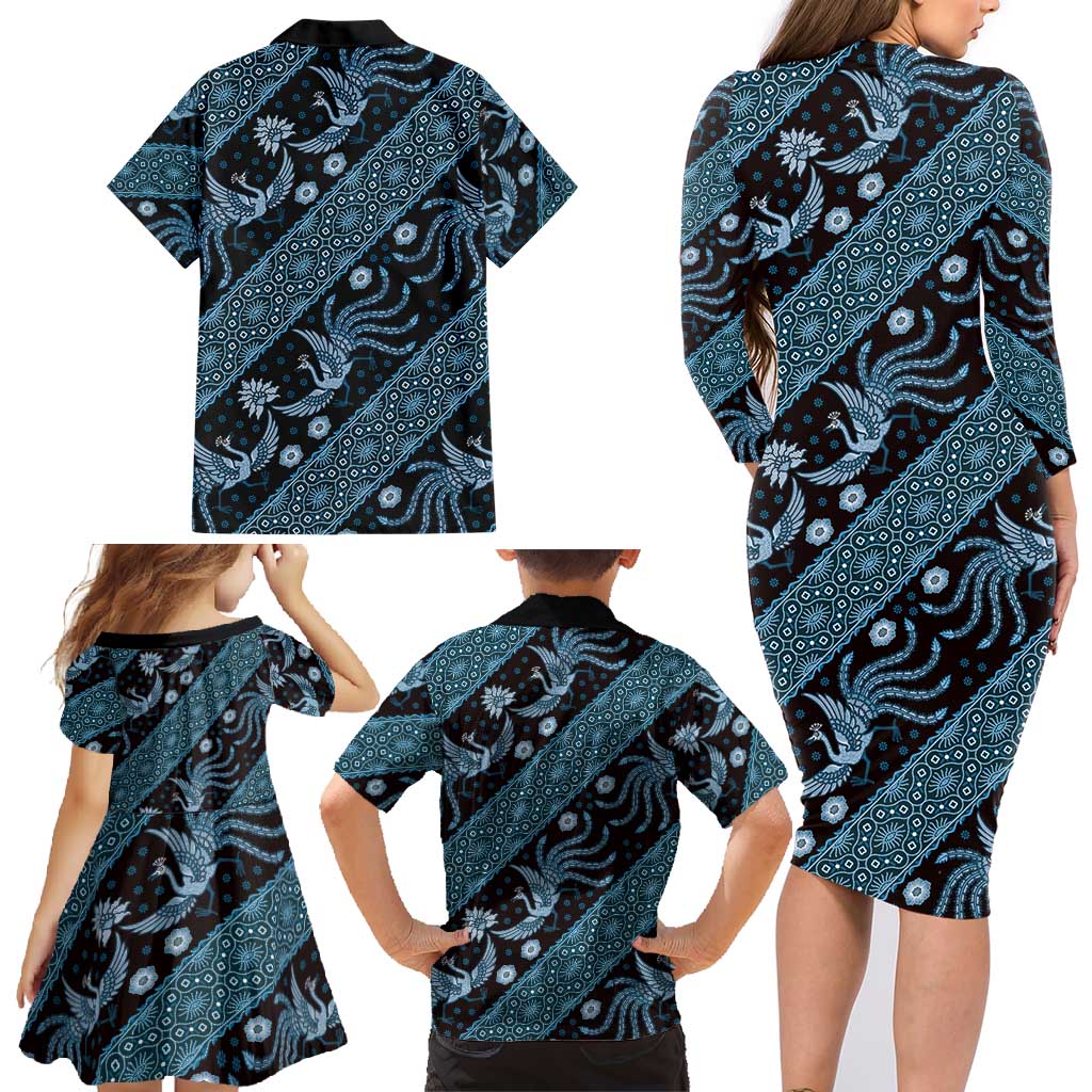 Indonesia Batik Pattern Family Matching Long Sleeve Bodycon Dress and Hawaiian Shirt Blue Version - Wonder Print Shop