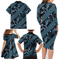Indonesia Batik Pattern Family Matching Long Sleeve Bodycon Dress and Hawaiian Shirt Blue Version - Wonder Print Shop