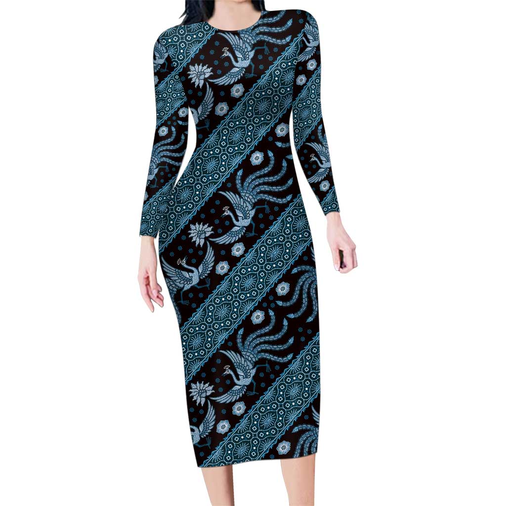 Indonesia Batik Pattern Family Matching Long Sleeve Bodycon Dress and Hawaiian Shirt Blue Version - Wonder Print Shop