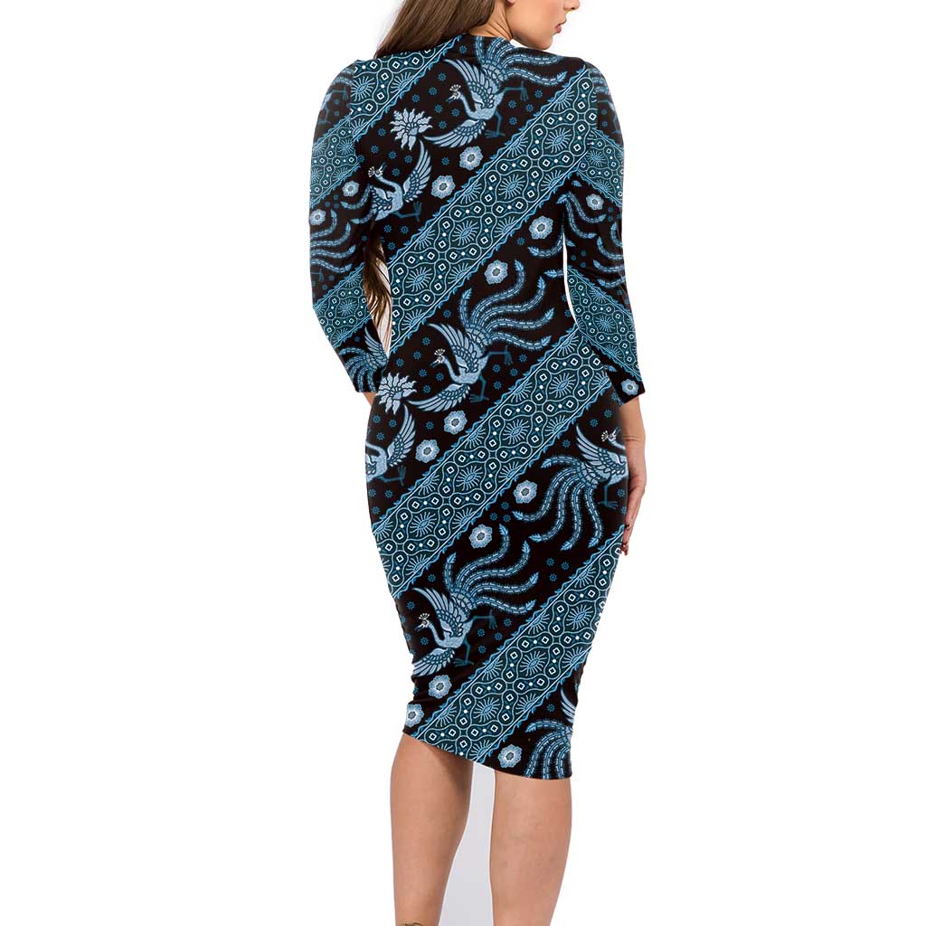 Indonesia Batik Pattern Family Matching Long Sleeve Bodycon Dress and Hawaiian Shirt Blue Version - Wonder Print Shop