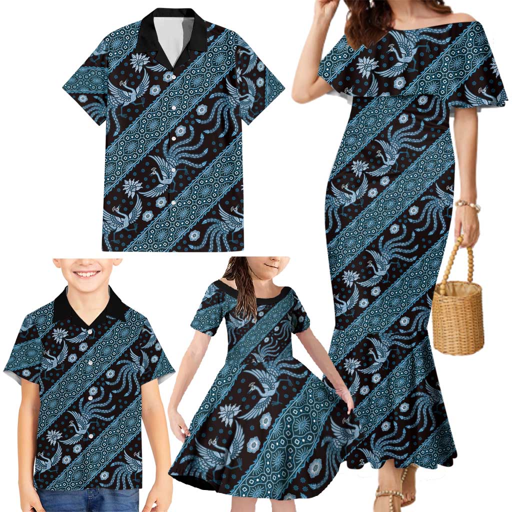 Indonesia Batik Pattern Family Matching Mermaid Dress and Hawaiian Shirt Blue Version - Wonder Print Shop