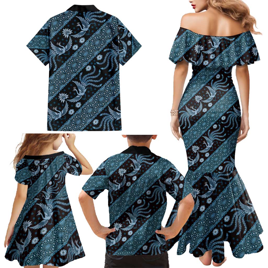 Indonesia Batik Pattern Family Matching Mermaid Dress and Hawaiian Shirt Blue Version - Wonder Print Shop