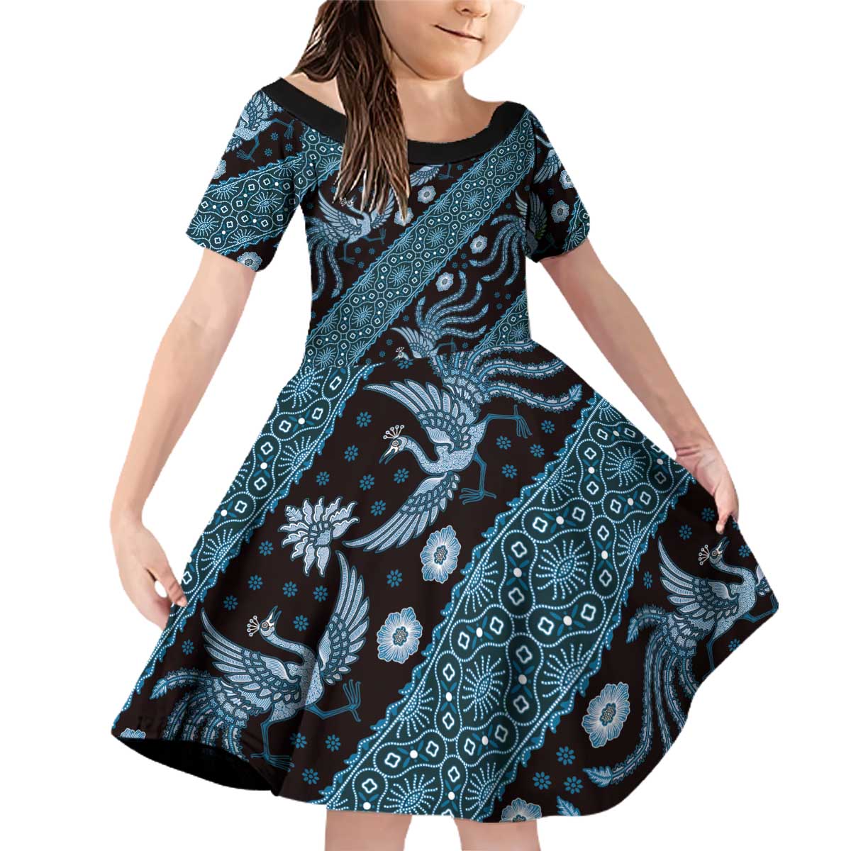 Indonesia Batik Pattern Family Matching Off Shoulder Short Dress and Hawaiian Shirt Blue Version - Wonder Print Shop