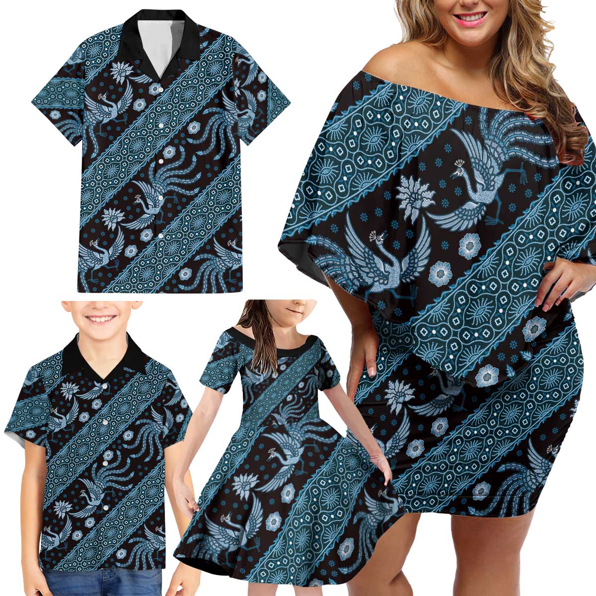 Indonesia Batik Pattern Family Matching Off Shoulder Short Dress and Hawaiian Shirt Blue Version - Wonder Print Shop