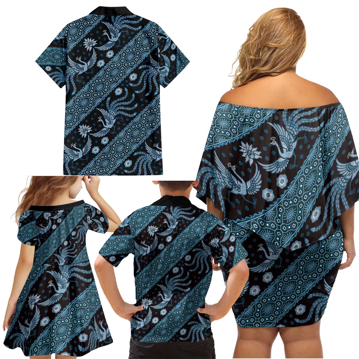Indonesia Batik Pattern Family Matching Off Shoulder Short Dress and Hawaiian Shirt Blue Version - Wonder Print Shop