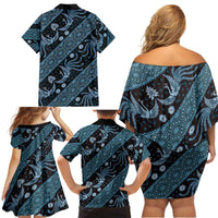 Indonesia Batik Pattern Family Matching Off Shoulder Short Dress and Hawaiian Shirt Blue Version - Wonder Print Shop