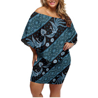 Indonesia Batik Pattern Family Matching Off Shoulder Short Dress and Hawaiian Shirt Blue Version - Wonder Print Shop