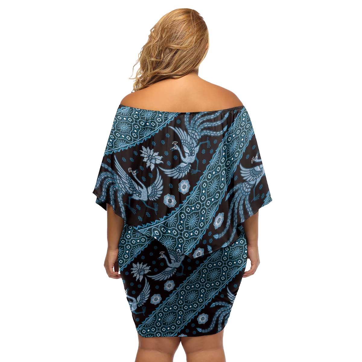 Indonesia Batik Pattern Family Matching Off Shoulder Short Dress and Hawaiian Shirt Blue Version - Wonder Print Shop
