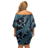 Indonesia Batik Pattern Family Matching Off Shoulder Short Dress and Hawaiian Shirt Blue Version - Wonder Print Shop