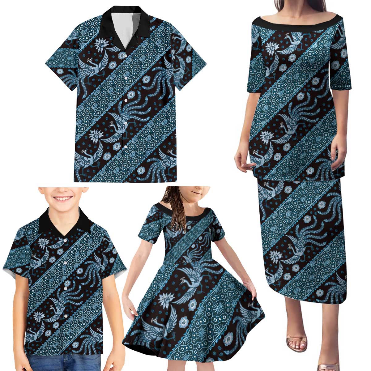 Indonesia Batik Pattern Family Matching Puletasi and Hawaiian Shirt Blue Version - Wonder Print Shop