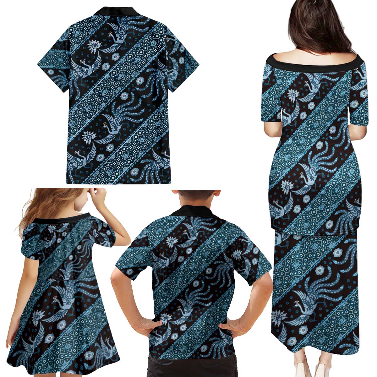 Indonesia Batik Pattern Family Matching Puletasi and Hawaiian Shirt Blue Version - Wonder Print Shop