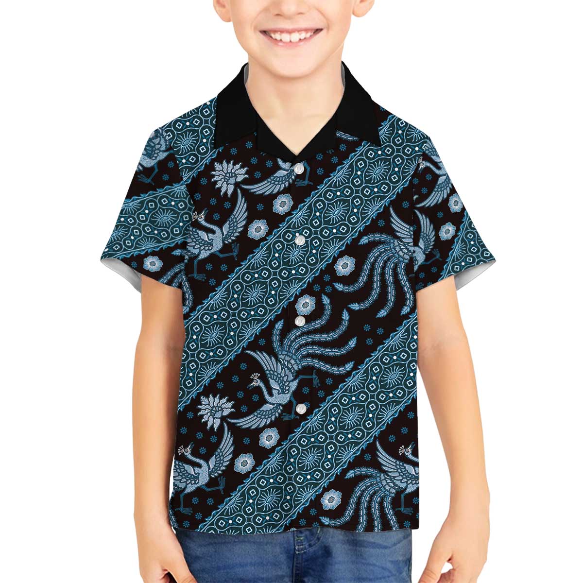 Indonesia Batik Pattern Family Matching Puletasi and Hawaiian Shirt Blue Version - Wonder Print Shop