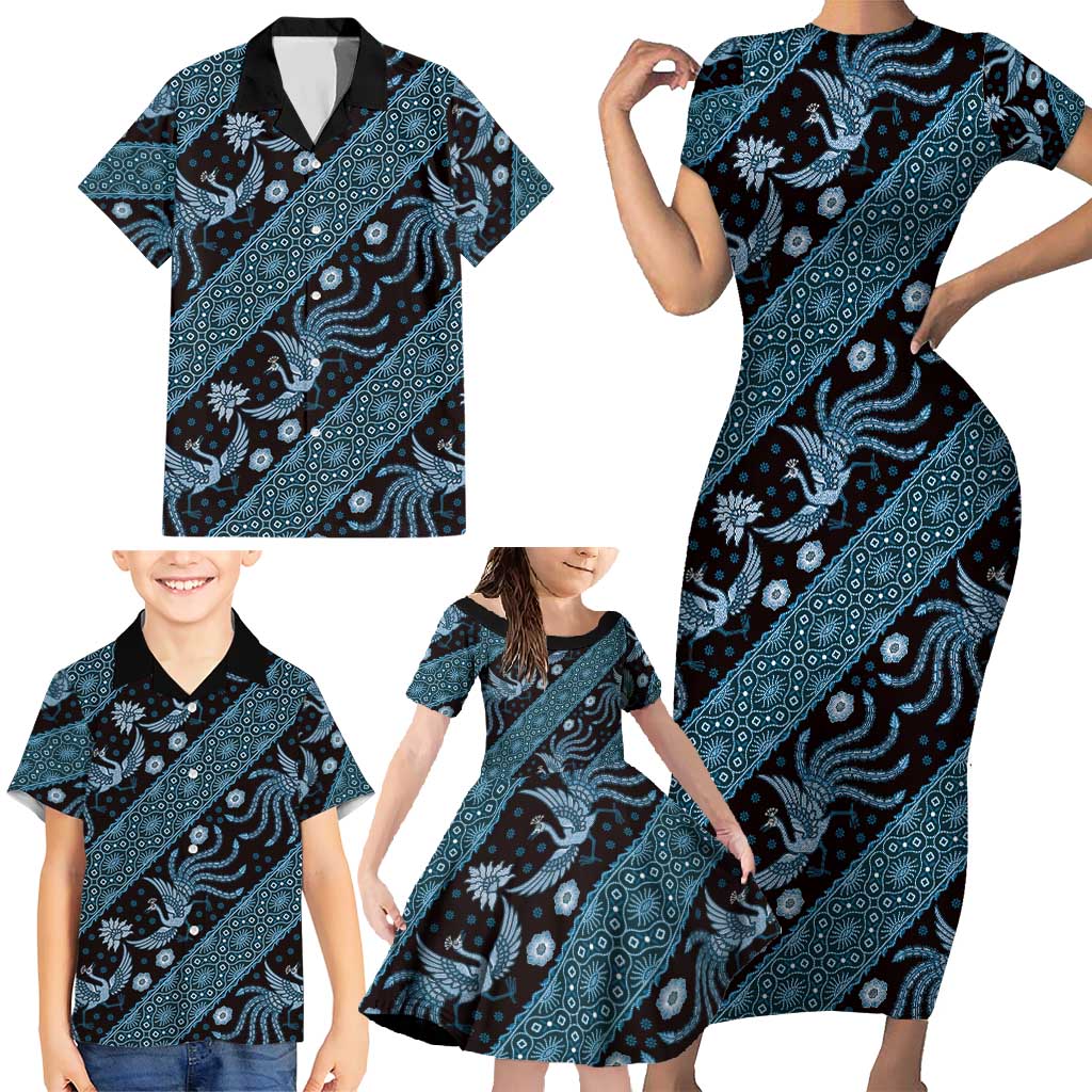 Indonesia Batik Pattern Family Matching Short Sleeve Bodycon Dress and Hawaiian Shirt Blue Version - Wonder Print Shop