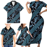 Indonesia Batik Pattern Family Matching Short Sleeve Bodycon Dress and Hawaiian Shirt Blue Version - Wonder Print Shop