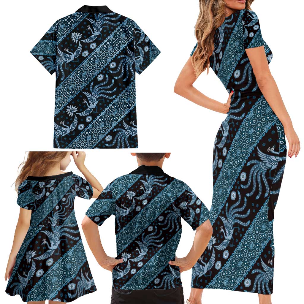 Indonesia Batik Pattern Family Matching Short Sleeve Bodycon Dress and Hawaiian Shirt Blue Version - Wonder Print Shop