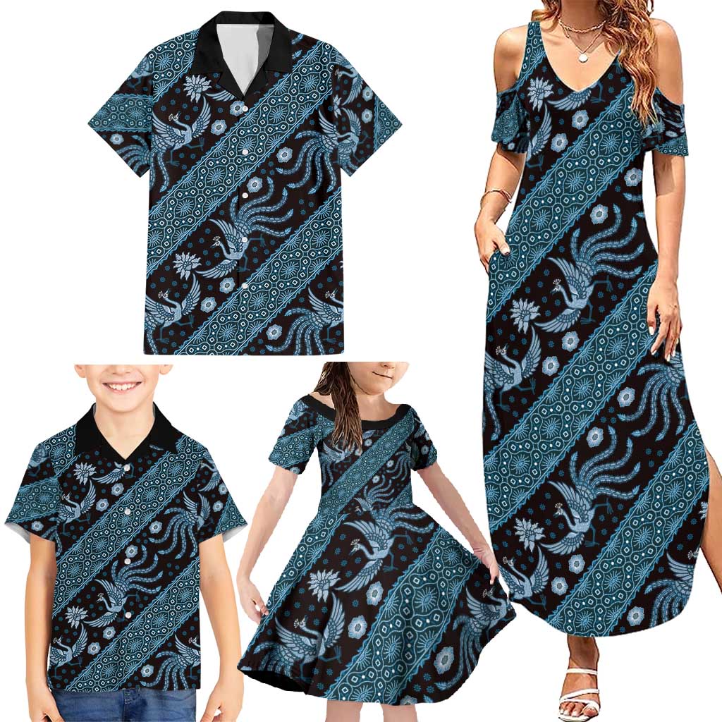 Indonesia Batik Pattern Family Matching Summer Maxi Dress and Hawaiian Shirt Blue Version - Wonder Print Shop