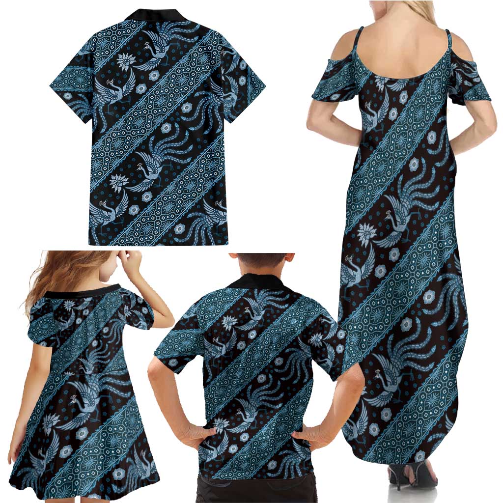 Indonesia Batik Pattern Family Matching Summer Maxi Dress and Hawaiian Shirt Blue Version - Wonder Print Shop