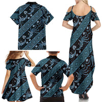 Indonesia Batik Pattern Family Matching Summer Maxi Dress and Hawaiian Shirt Blue Version - Wonder Print Shop
