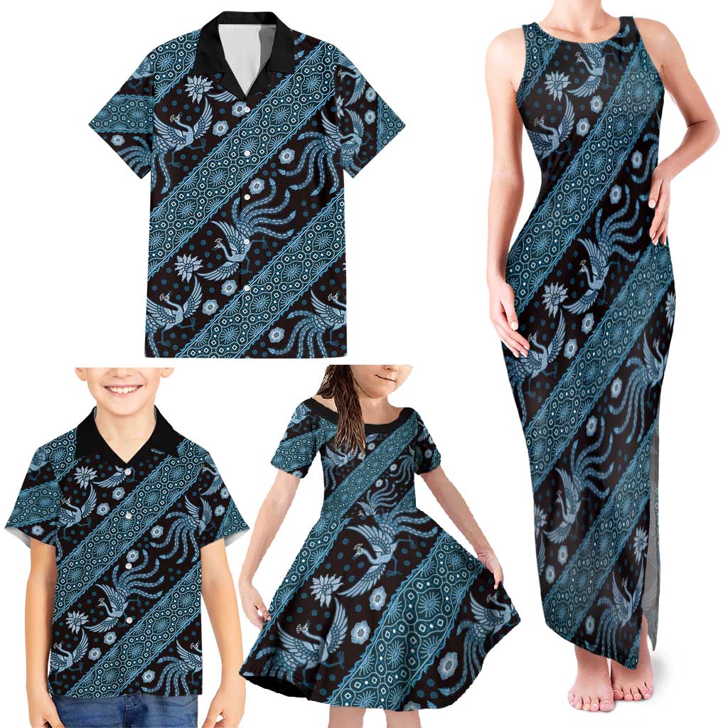 Indonesia Batik Pattern Family Matching Tank Maxi Dress and Hawaiian Shirt Blue Version - Wonder Print Shop