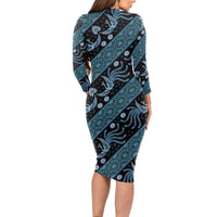 Indonesia Batik Pattern Long Sleeve Bodycon Dress Blue Version - Wonder Print Shop