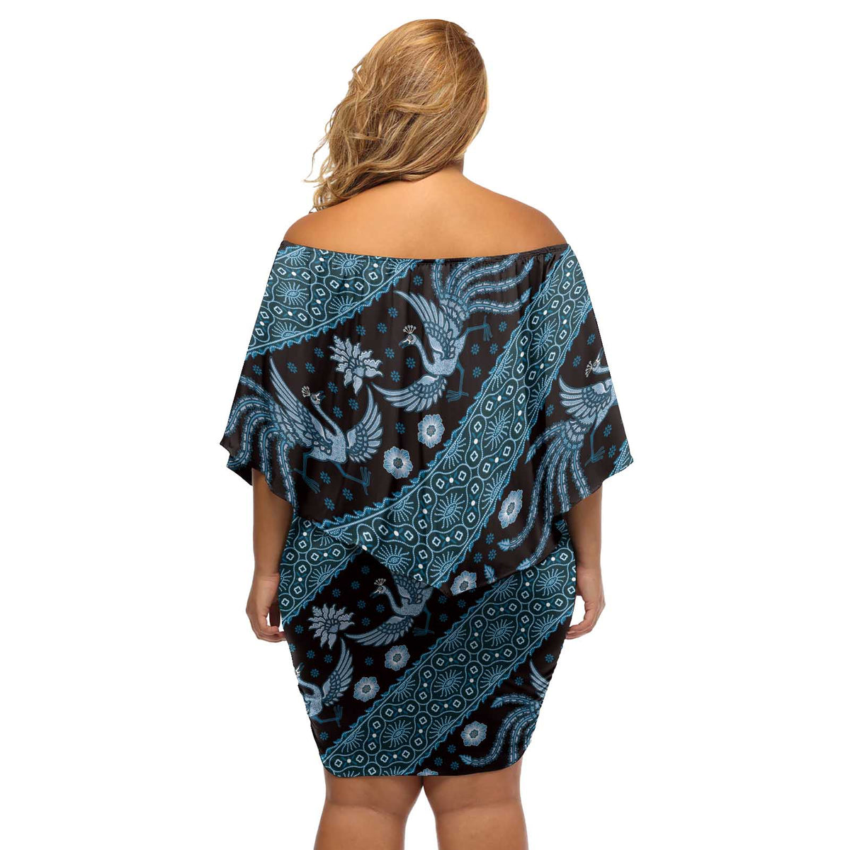Indonesia Batik Pattern Off Shoulder Short Dress Blue Version - Wonder Print Shop