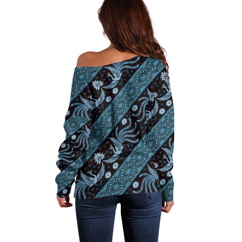 Indonesia Batik Pattern Off Shoulder Sweater Blue Version - Wonder Print Shop