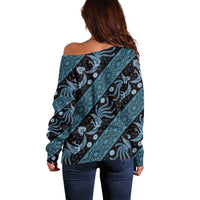 Indonesia Batik Pattern Off Shoulder Sweater Blue Version - Wonder Print Shop