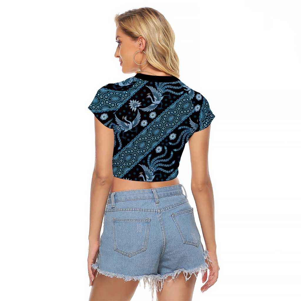 Indonesia Batik Pattern Raglan Cropped T Shirt Blue Version - Wonder Print Shop