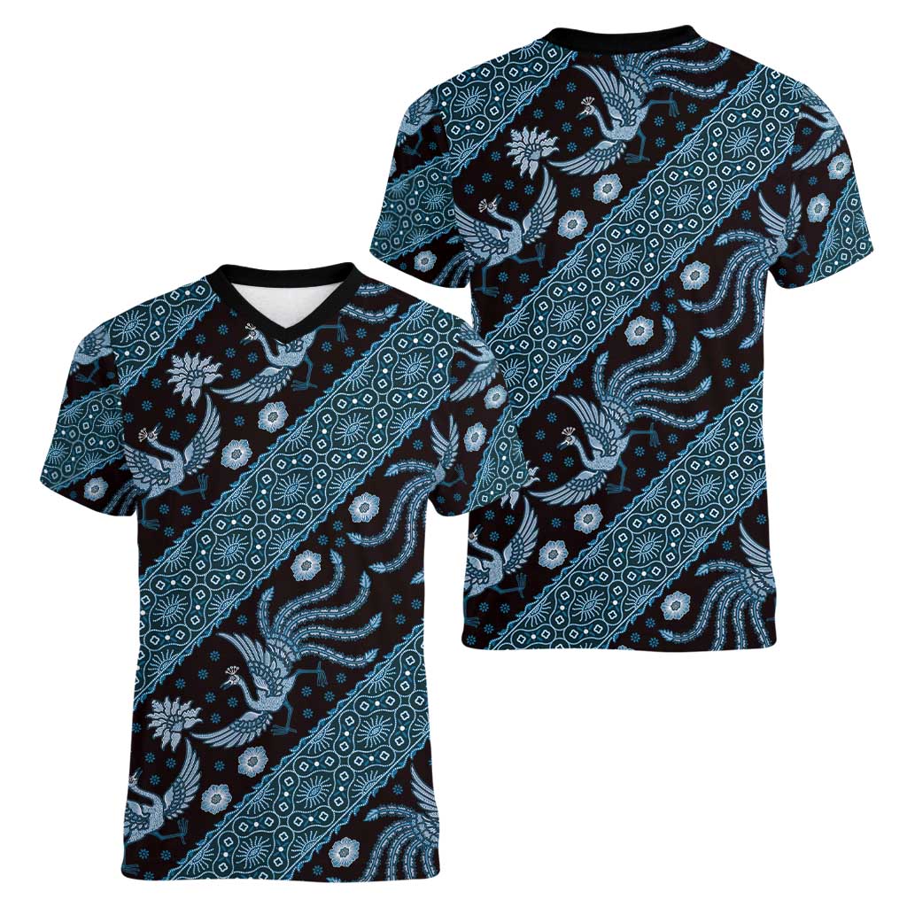Indonesia Batik Pattern Women V-Neck T-Shirt Blue Version - Wonder Print Shop