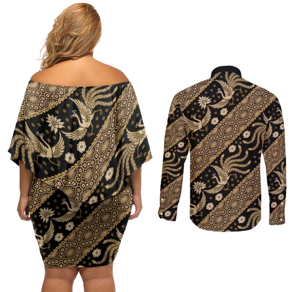 Indonesia Batik Pattern Couples Matching Off Shoulder Short Dress and Long Sleeve Button Shirt Gold Version - Wonder Print Shop