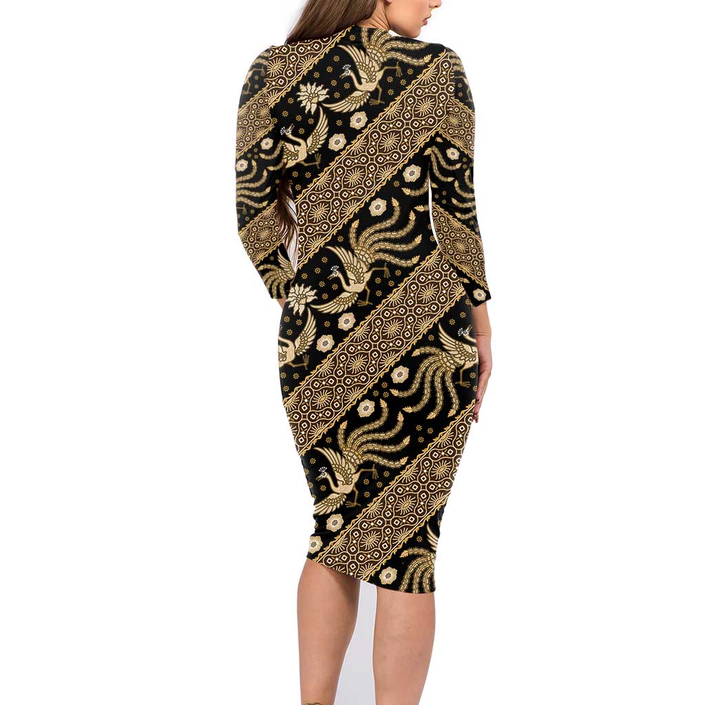 Indonesia Batik Pattern Family Matching Long Sleeve Bodycon Dress and Hawaiian Shirt Gold Version - Wonder Print Shop